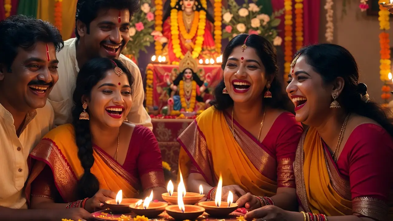 Family enjoying puja at Indiranagar Bangalore with Bengali Purohit